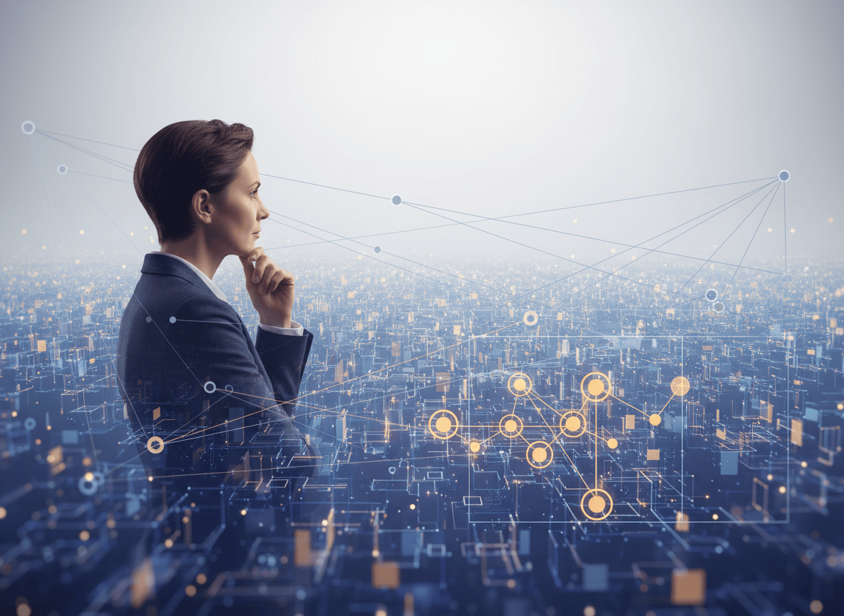 A professional observes a layered field of signals and patterns, suggesting how AI can shape attention and judgement.